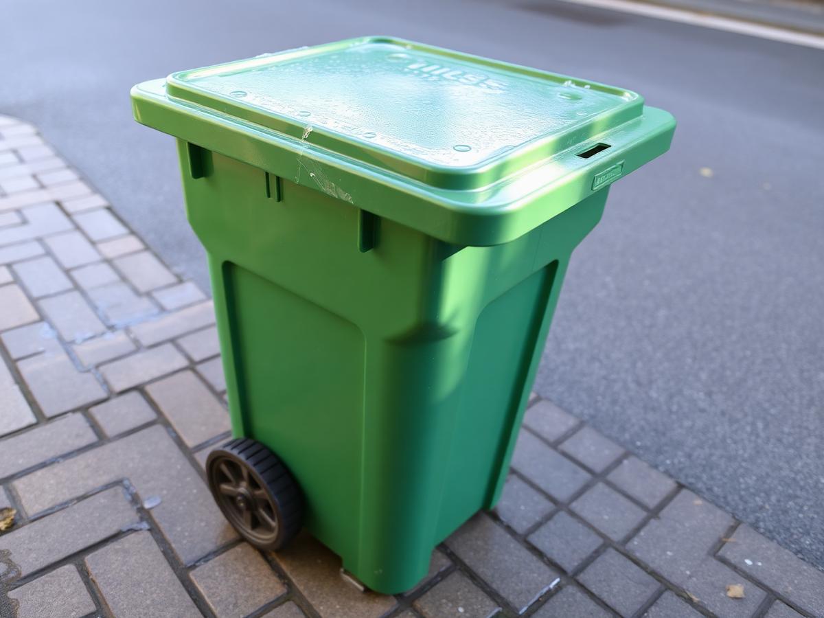 Schoongemaakte groene afvalcontainer op een oprit